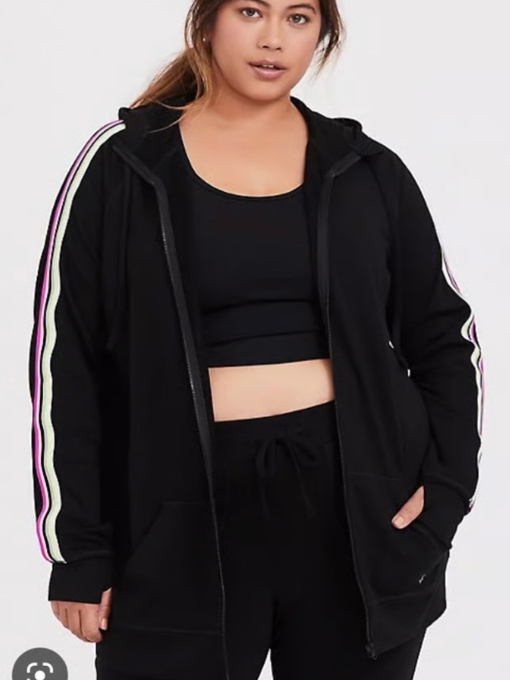 TORRID ACTIVE Black Hoodie Jacket with Pink & Cream Stripe Accents